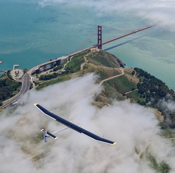 Solar Impulse flying high above the Golden Gate bridge
