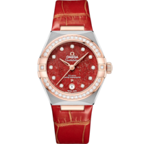 Red dial watch on Steel - Sedna™ gold case with Leather strap - Constellation 29 mm, steel - Sedna™ gold on leather strap - 131.28.29.20.99.002