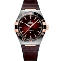 Uhr mit Rot Zifferblatt auf Stahl - Sedna™-gold Gehäuse mit Lederarmband bracelet - Constellation 41 mm, stahl - Sedna™-gold mit lederarmband - 131.23.41.21.11.001