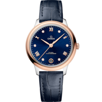 Uhr mit Blau Zifferblatt auf Stahl - Sedna™-gold Gehäuse mit Lederarmband bracelet - De Ville Prestige 34 mm, stahl - Sedna™-gold mit lederarmband - 434.23.34.20.53.001