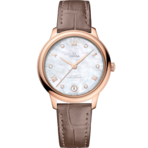 Uhr mit Weiß Zifferblatt auf Sedna™-gold Gehäuse mit Lederarmband bracelet - De Ville Prestige 34 mm, Sedna™-gold mit lederarmband - 434.53.34.20.55.001