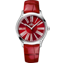 Uhr mit Rot Zifferblatt auf Stahl Gehäuse mit Lederarmband bracelet - De Ville Trésor 36 mm, Stahl mit Lederarmband - 428.18.36.60.11.002