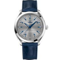 灰色錶盤腕錶，不鏽鋼錶殼錶殼，襯以皮革錶帶 bracelet - 海馬 Aqua Terra 150米系列 41毫米, 不鏽鋼錶殼 於 皮革錶帶 - 220.13.41.21.06.001