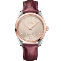 Seamaster 38 mm, steel - Sedna™ gold on leather strap - 220.23.38.20.59.001