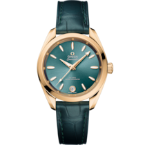 Uhr mit Grün Zifferblatt auf Moonshine™-Gold Gehäuse mit Lederarmband bracelet - Seamaster Aqua Terra Shades 34 mm, Moonshine™-Gold mit Lederarmband - 220.53.34.20.10.001