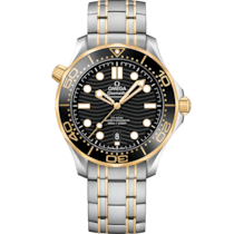 Uhr mit Schwarz Zifferblatt auf Stahl - gelbgold Gehäuse mit Stahl- und gelbgoldband bracelet - Seamaster Diver 300M 42 mm, stahl - gelbgold mit stahl- und gelbgoldband - 210.20.42.20.01.002