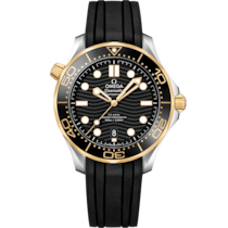 Uhr mit Schwarz Zifferblatt auf Stahl - gelbgold Gehäuse mit Kautschukband bracelet - Seamaster Diver 300M 42 mm, stahl - gelbgold mit kautschukband - 210.22.42.20.01.001