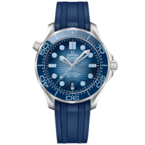Uhr mit Blau Zifferblatt auf Stahl Gehäuse mit Kautschukband bracelet - Seamaster Diver 300M 42 mm, stahl mit kautschukband - 210.32.42.20.03.002