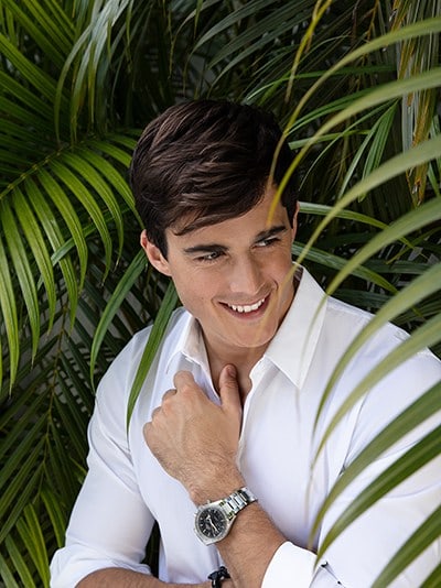Models Pietro Boselli wearing a Omega watch